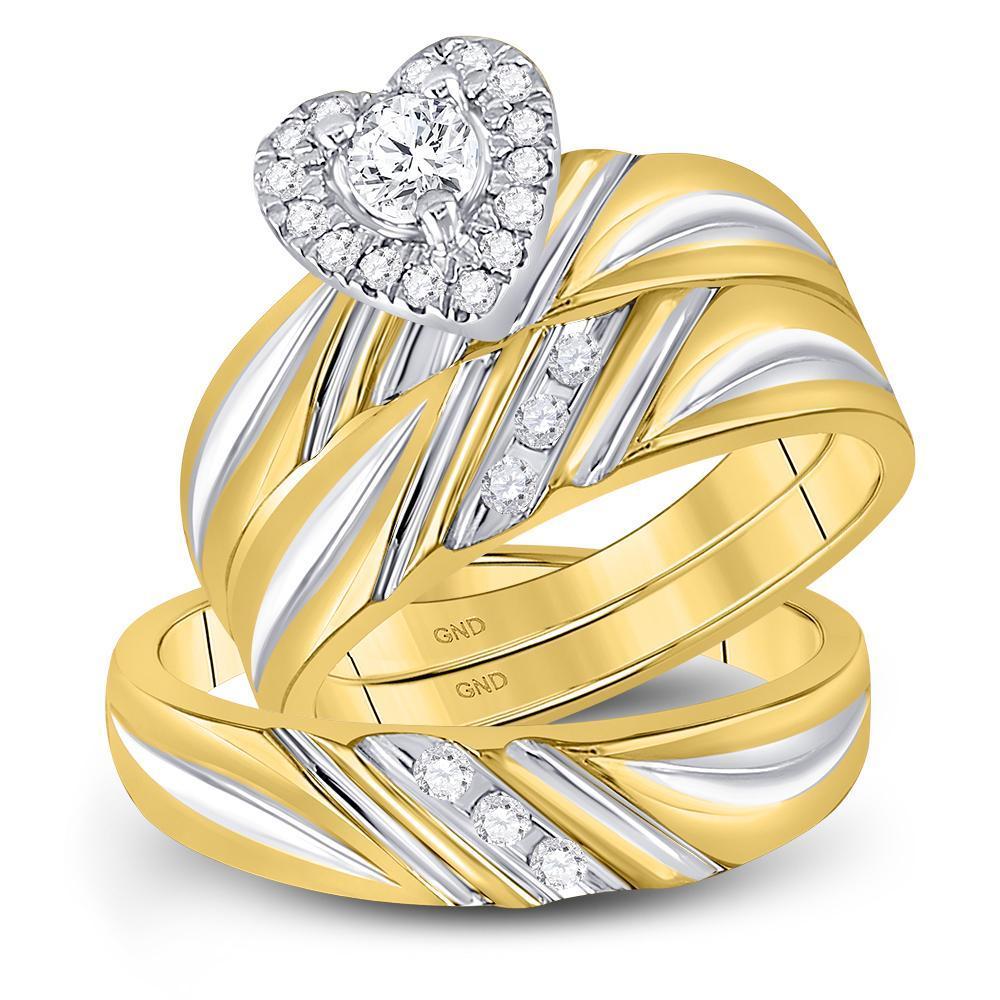 10kt Yellow Gold His Hers Round Diamond Heart Matching Wedding Set 3/8 Cttw