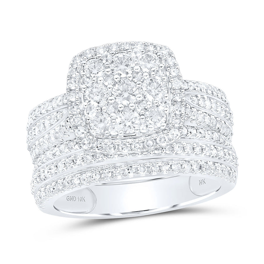 10kt White Gold Round Diamond Square Cluster Bridal Wedding Ring Band Set 1-1/2 Cttw