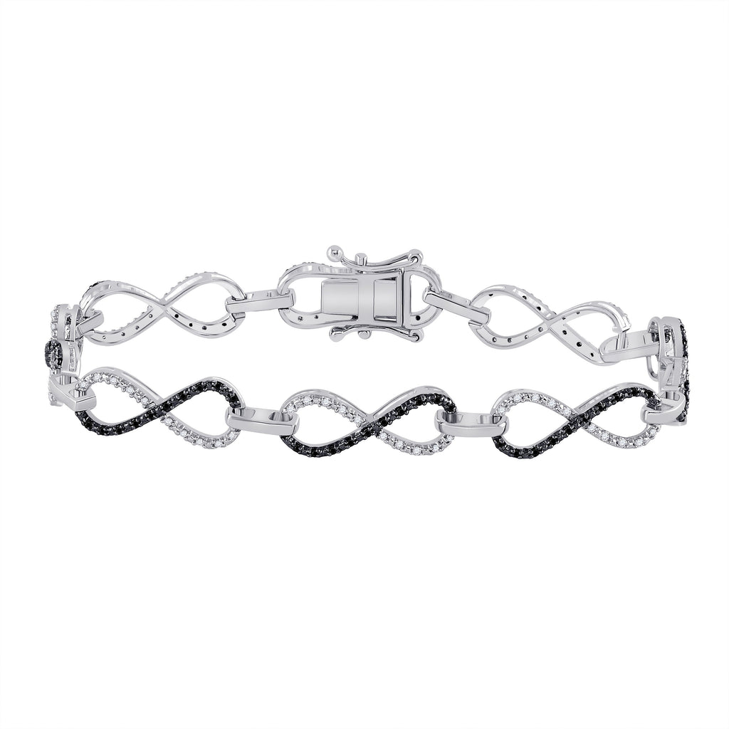 Sterling Silver Womens Round Black Color Enhanced Diamond Infinity Bracelet 1/2 Cttw