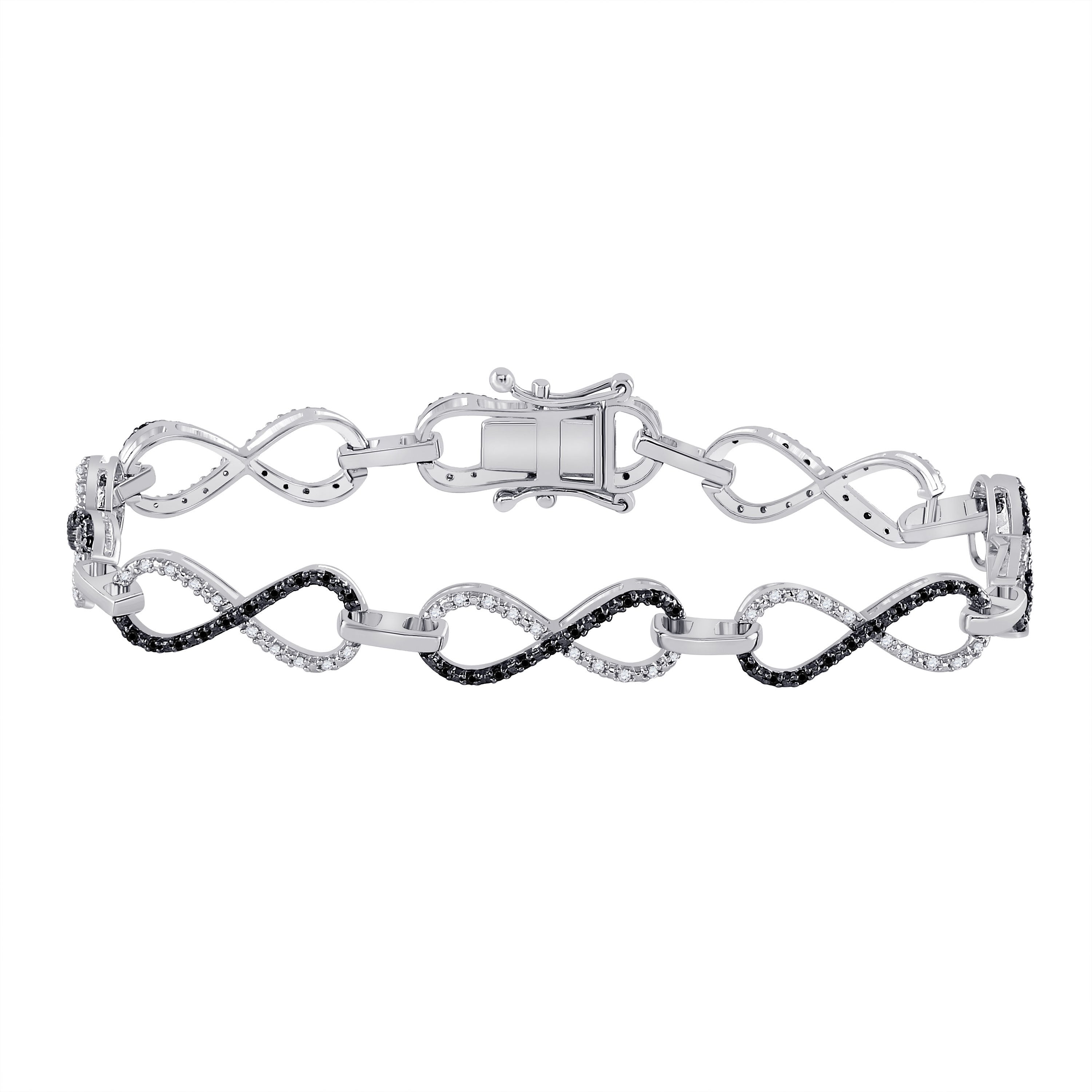 Sterling Silver Womens Round Black Color Enhanced Diamond Infinity Bracelet 1/2 Cttw