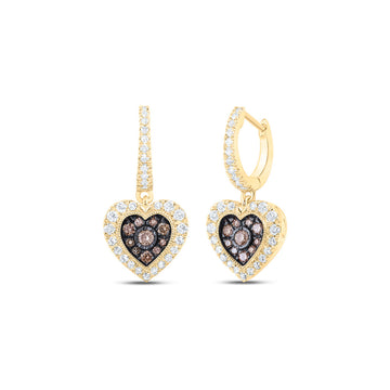 10kt Yellow Gold Womens Round Brown Diamond Heart Dangle Earrings 5/8 Cttw