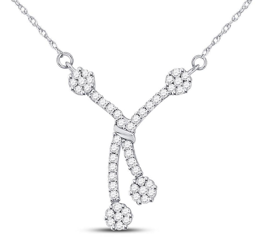 14kt White Gold Womens Round Diamond Dangle Flower Cluster Fashion Necklace 1/2 Cttw