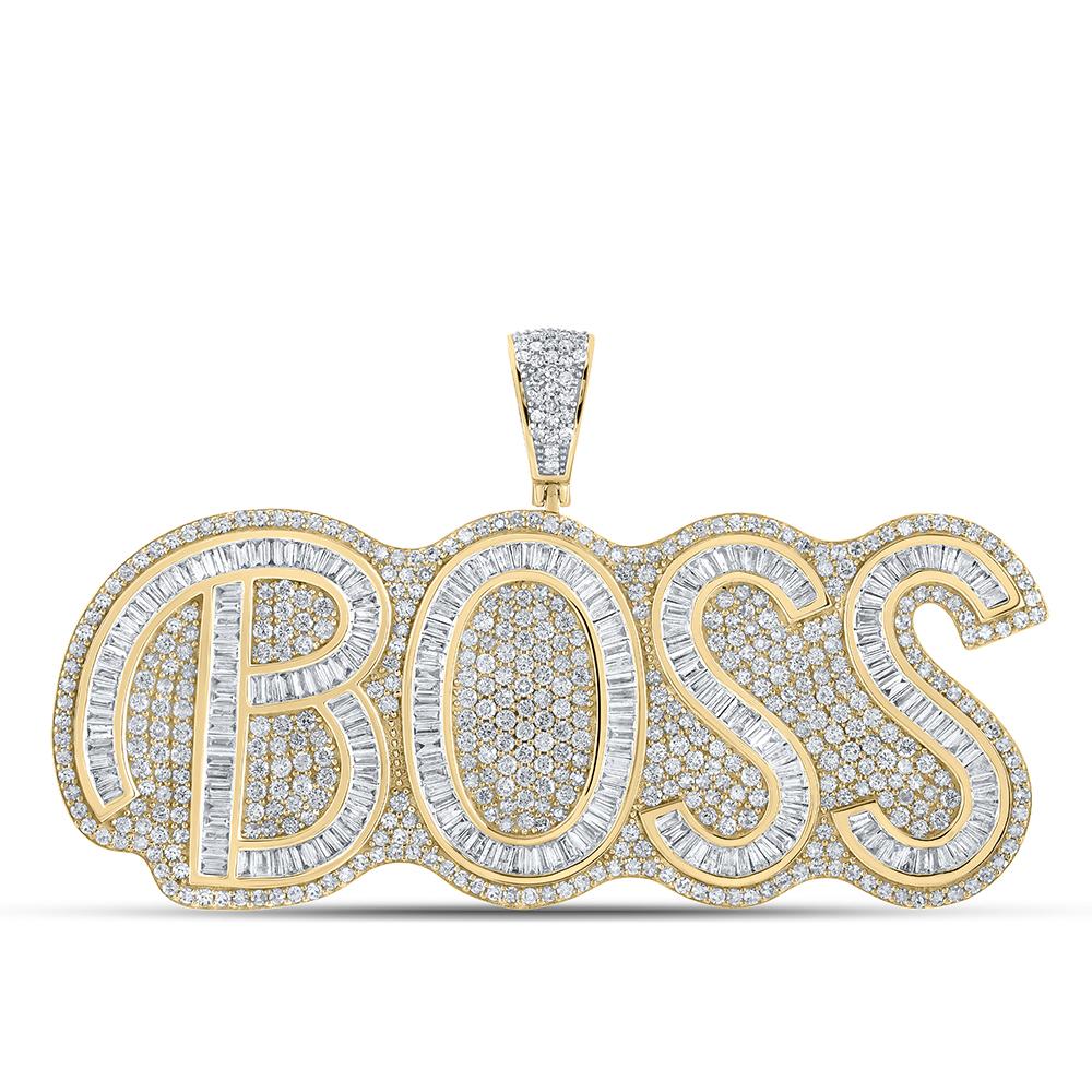 10kt Two-tone Gold Mens Baguette Diamond BOSS Phrase Charm Pendant 6-3/4 Cttw