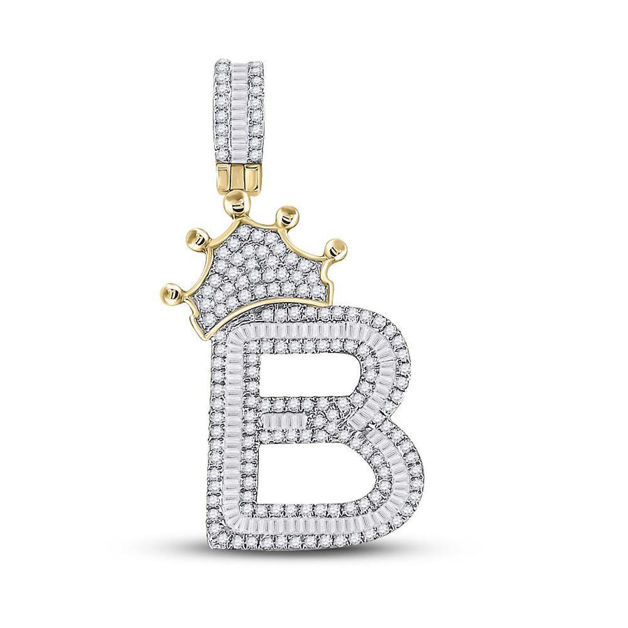 10kt Yellow Gold Mens Baguette Diamond Crown B Letter Charm Pendant 1 Cttw