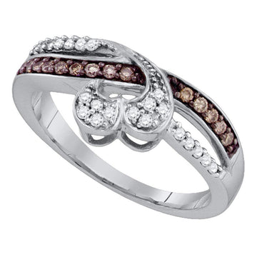 10kt White Gold Womens Round Brown Diamond Heart Band Ring 1/4 Cttw