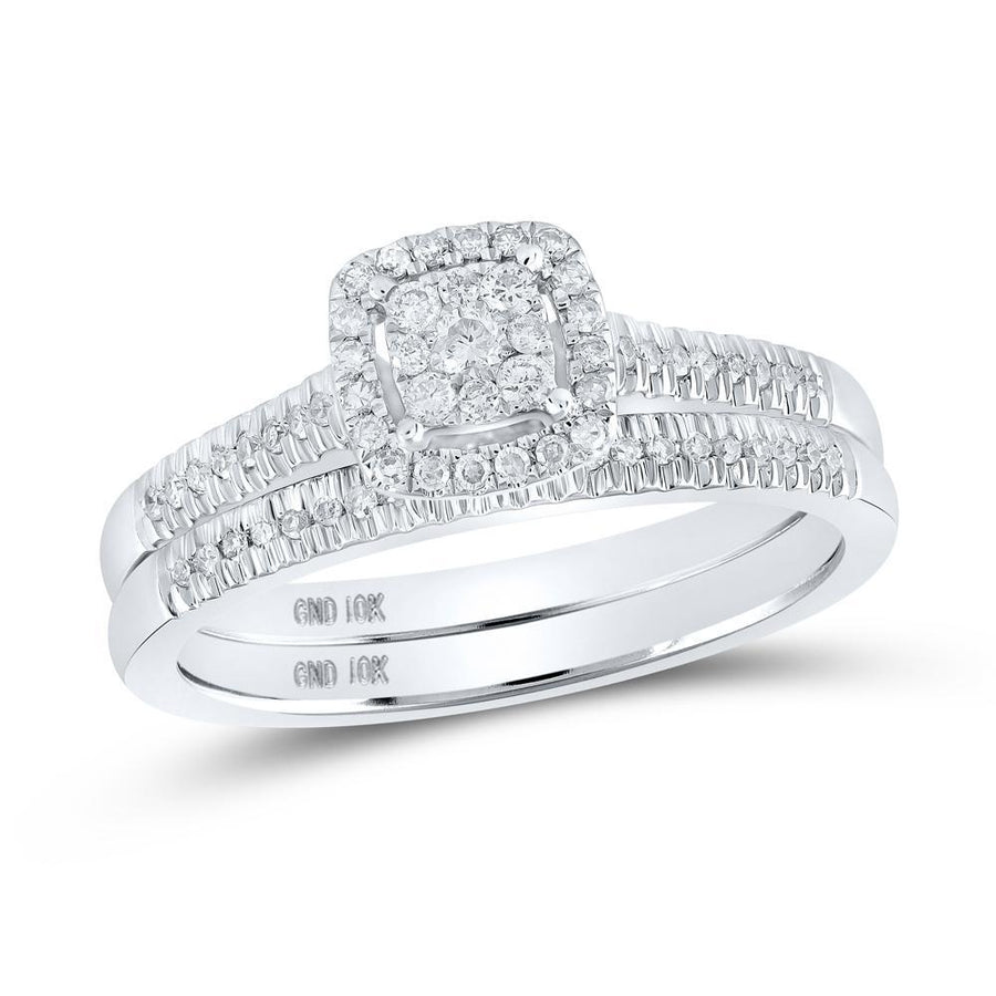 10kt White Gold Round Diamond Halo Bridal Wedding Ring Band Set 1/4 Cttw