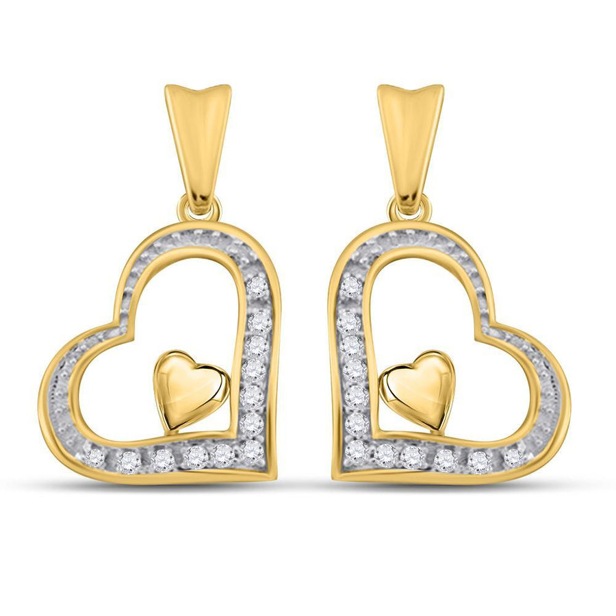 10kt Yellow Gold Womens Round Diamond Heart Dangle Earrings 1/10 Cttw