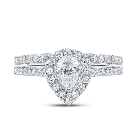 14kt Two-tone Gold Pear Diamond Halo Bridal Wedding Ring Band Set 1 Cttw