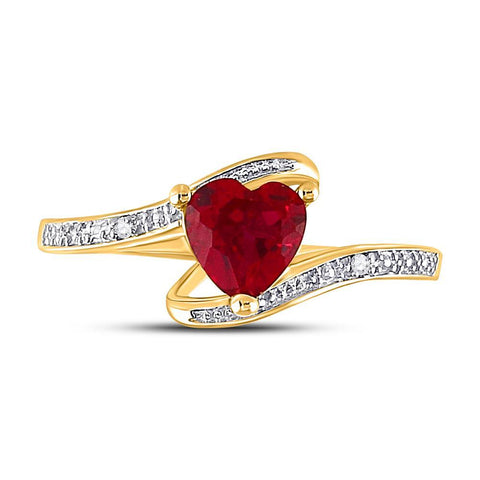 10kt Yellow Gold Womens Heart Synthetic Ruby Solitaire Diamond-accent Bypass Ring 1 Cttw