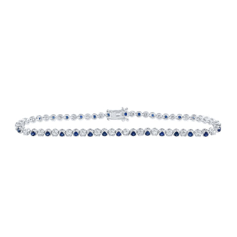 14kt White Gold Womens Round Bule Sapphire Diamond Tennis Bracelet 2-1/3 Cttw