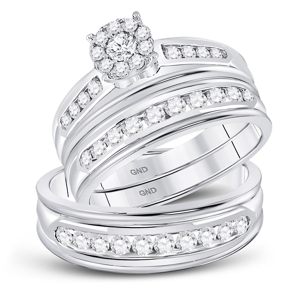 14kt White Gold His Hers Round Diamond Cluster Matching Wedding Set 1 Cttw