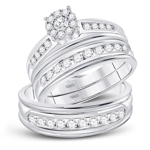 14kt White Gold His Hers Round Diamond Cluster Matching Wedding Set 1 Cttw