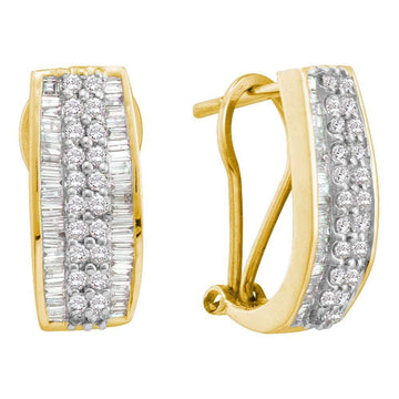 14kt Yellow Gold Womens Baguette Round Diamond Hoop Earrings 7/8 Cttw