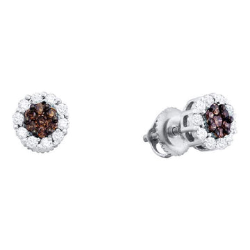 14kt White Gold Womens Round Brown Diamond Cluster Earrings 1 Cttw