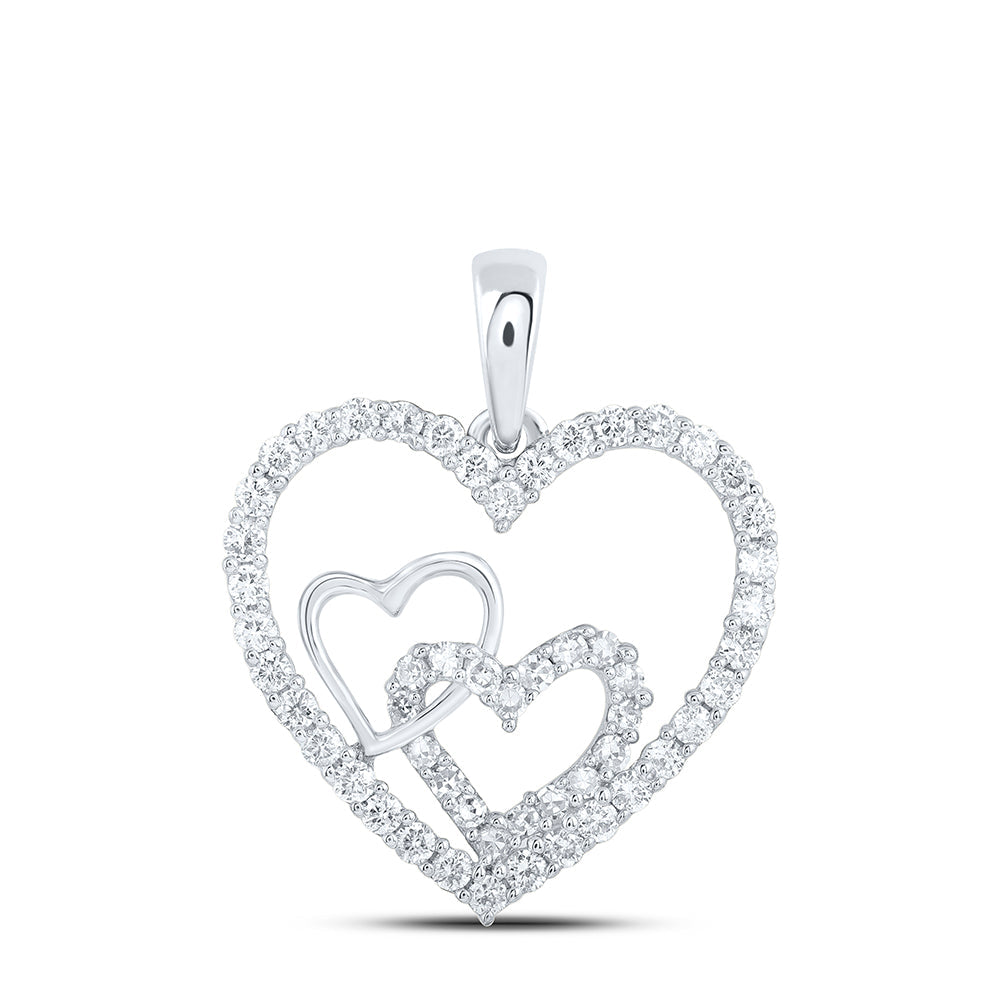 10kt White Gold Womens Round Diamond Nested Heart Pendant 3/8 Cttw