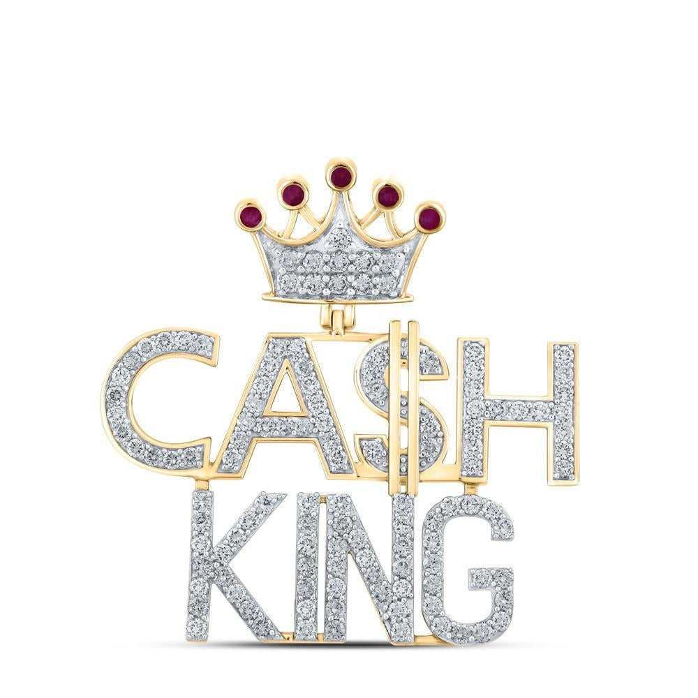 10kt Yellow Gold Mens Round Ruby Diamond Cash King Phrase Charm Pendant 3-3/4 Cttw