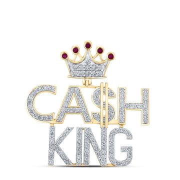 10kt Yellow Gold Mens Round Ruby Diamond Cash King Phrase Charm Pendant 3-3/4 Cttw