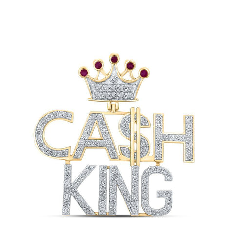 10kt Yellow Gold Mens Round Ruby Diamond Cash King Phrase Charm Pendant 3-3/4 Cttw