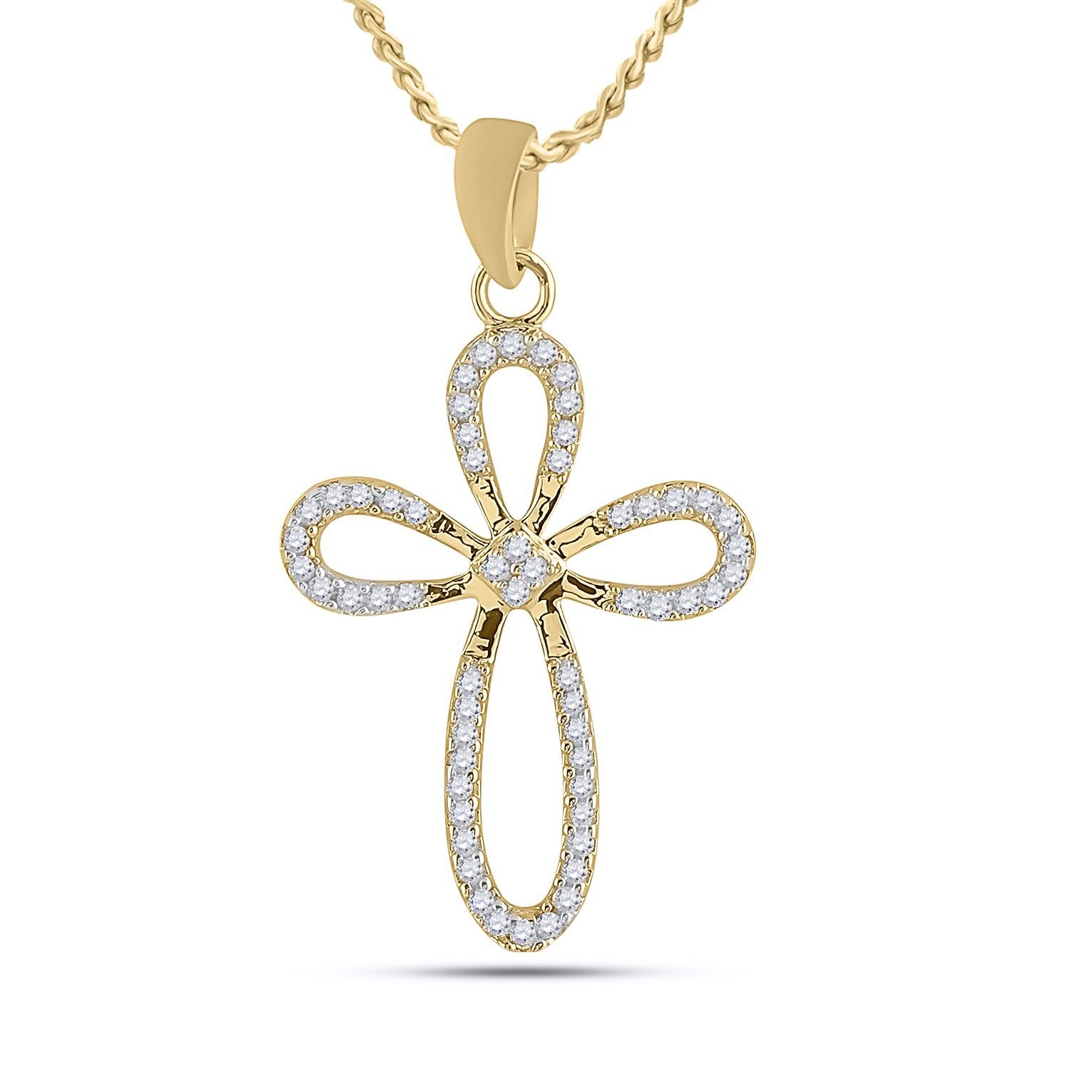 10kt Yellow Gold Womens Round Diamond Oblong Cross Outline Pendant 1/5 Cttw
