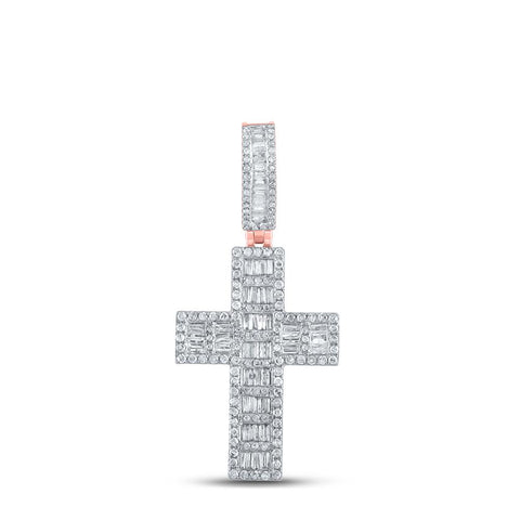 10kt Rose Gold Mens Baguette Diamond Cross Charm Pendant 1-5/8 Cttw