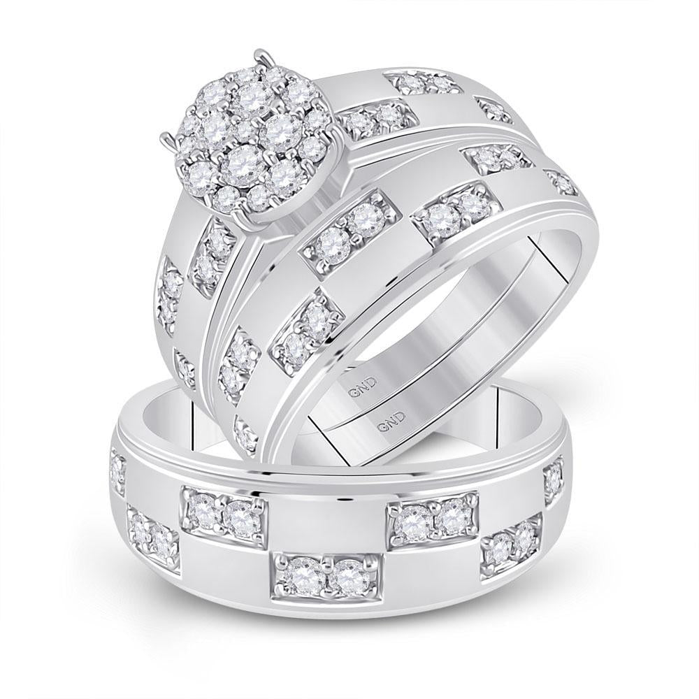 14kt White Gold His Hers Round Diamond Cluster Matching Wedding Set 1 Cttw