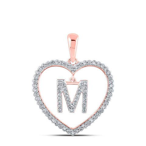 10kt Rose Gold Womens Round Diamond Heart M Letter Pendant 1/4 Cttw