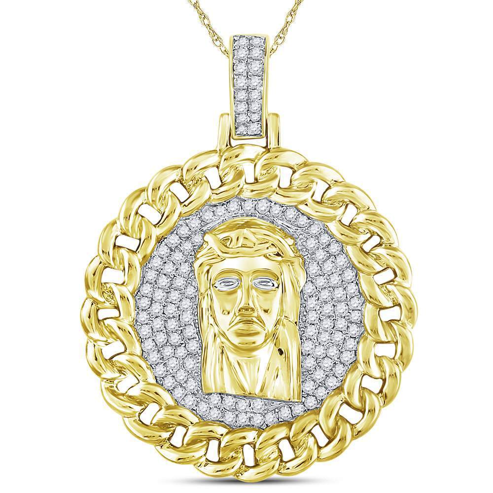 10kt Yellow Gold Mens Round Diamond Cuban Link Circle Jesus Face Pendant 1 Cttw