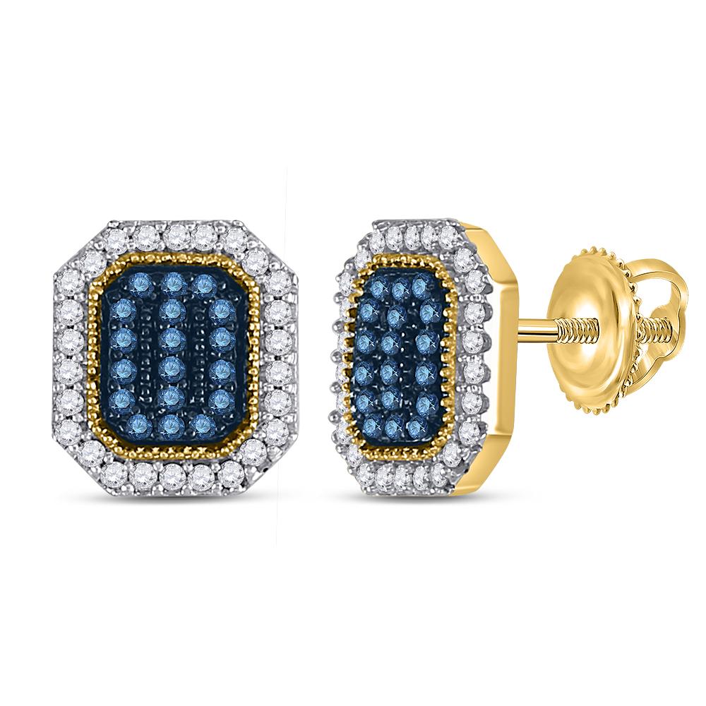10kt Yellow Gold Womens Round Blue Color Enhanced Diamond Cluster Earrings 1/4 Cttw