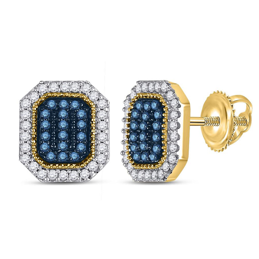 10kt Yellow Gold Womens Round Blue Color Enhanced Diamond Cluster Earrings 1/4 Cttw