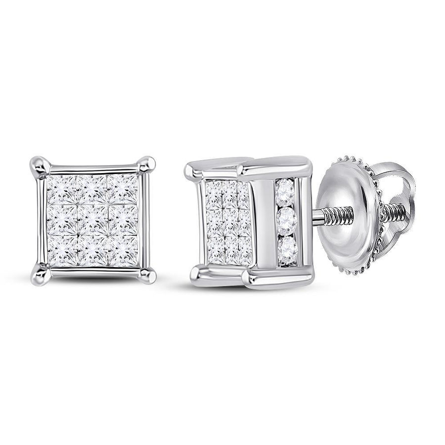14kt White Gold Womens Princess Diamond Cluster Stud Earrings 1/2 Cttw