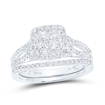 10kt White Gold Princess Diamond Bridal Wedding Ring Band Set 1 Cttw