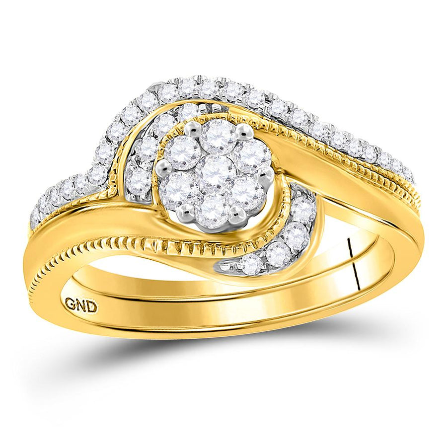 14kt Yellow Gold Round Diamond Cluster Bridal Wedding Ring Band Set 3/8 Cttw