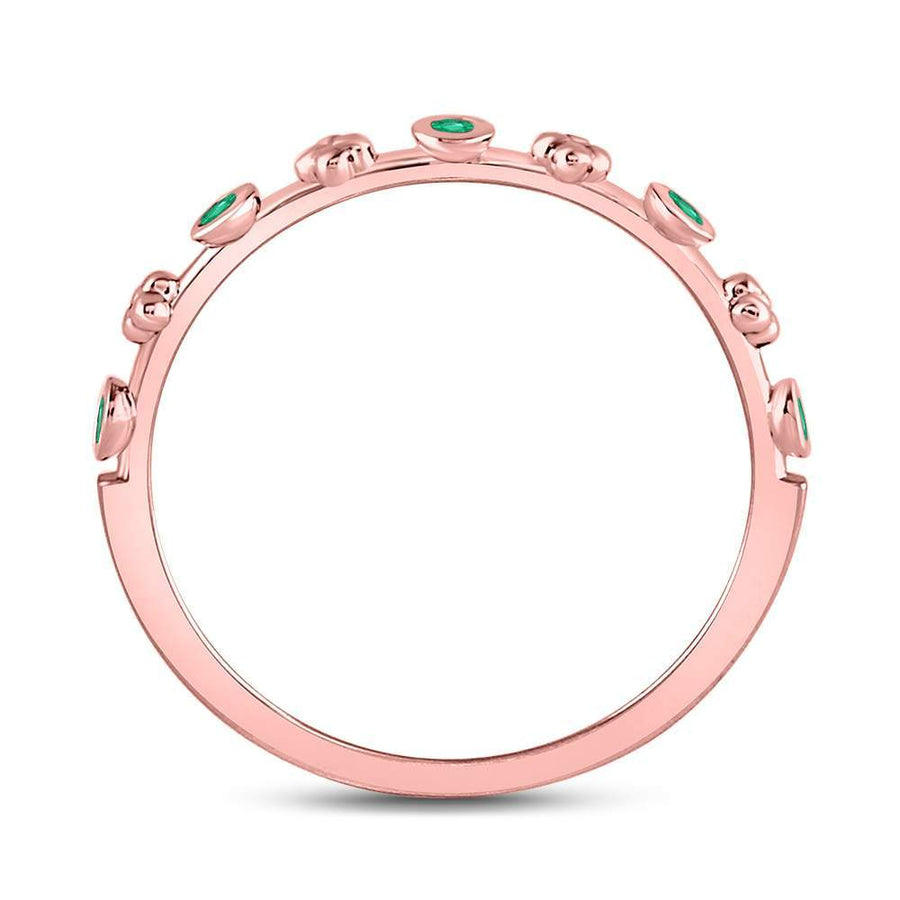 10kt Rose Gold Womens Round Emerald Dot Flower Stackable Band Ring 1/12 Cttw