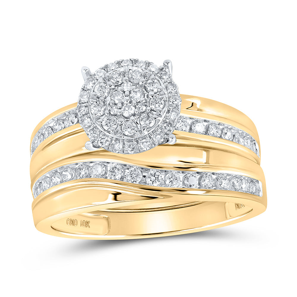 10kt Yellow Gold His Hers Round Diamond Cluster Matching Wedding Set 1 Cttw