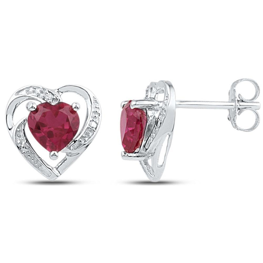 10kt White Gold Womens Round Lab-Created Ruby Diamond Heart Earrings 3/8 Cttw