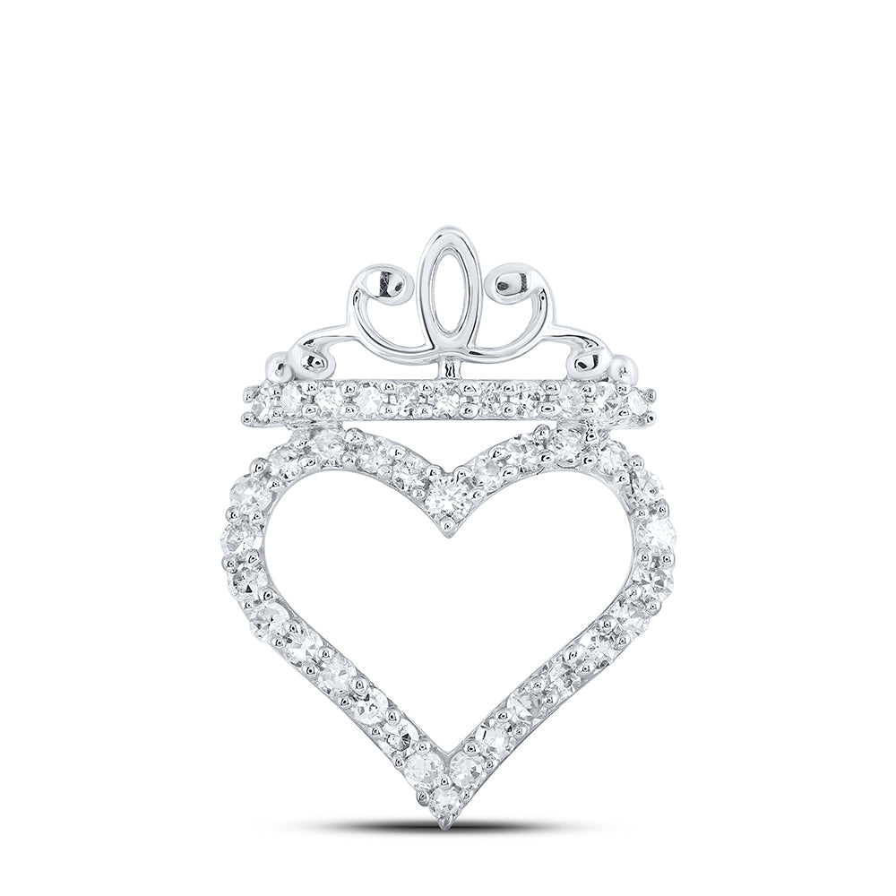 10kt White Gold Womens Round Diamond Crown Heart Pendant 1/4 Cttw
