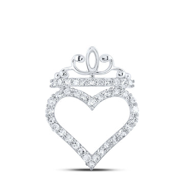 10kt White Gold Womens Round Diamond Crown Heart Pendant 1/4 Cttw