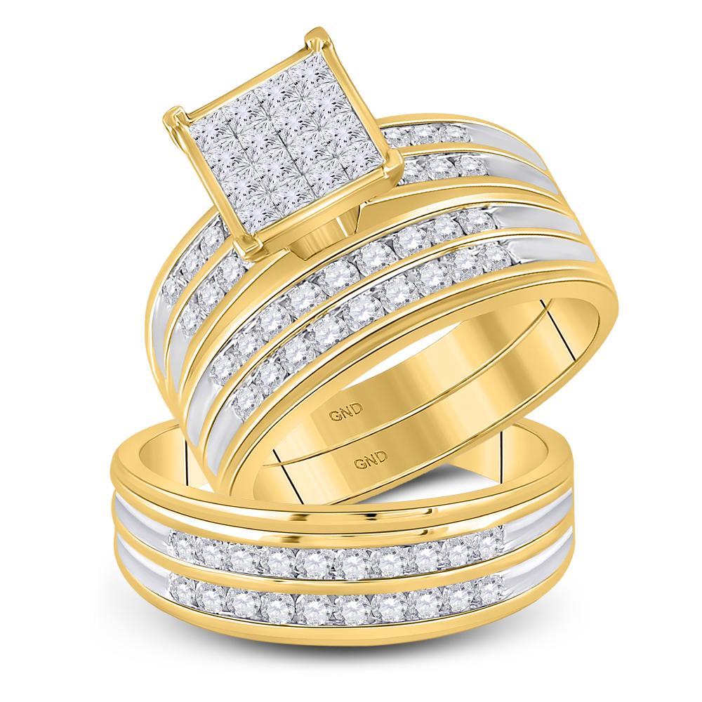 14kt Yellow Gold His Hers Princess Diamond Square Matching Wedding Set 1-1/2 Cttw