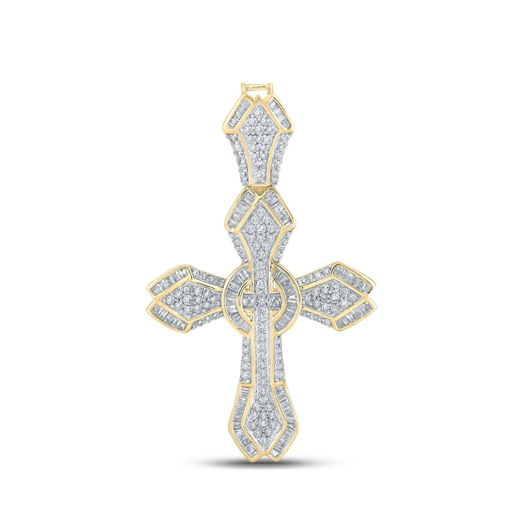 10kt Yellow Gold Mens Baguette Diamond Cross Charm Pendant 1-5/8 Cttw