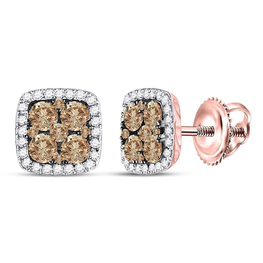 14kt Rose Gold Womens Round Brown Diamond Square Cluster Earrings 1 Cttw