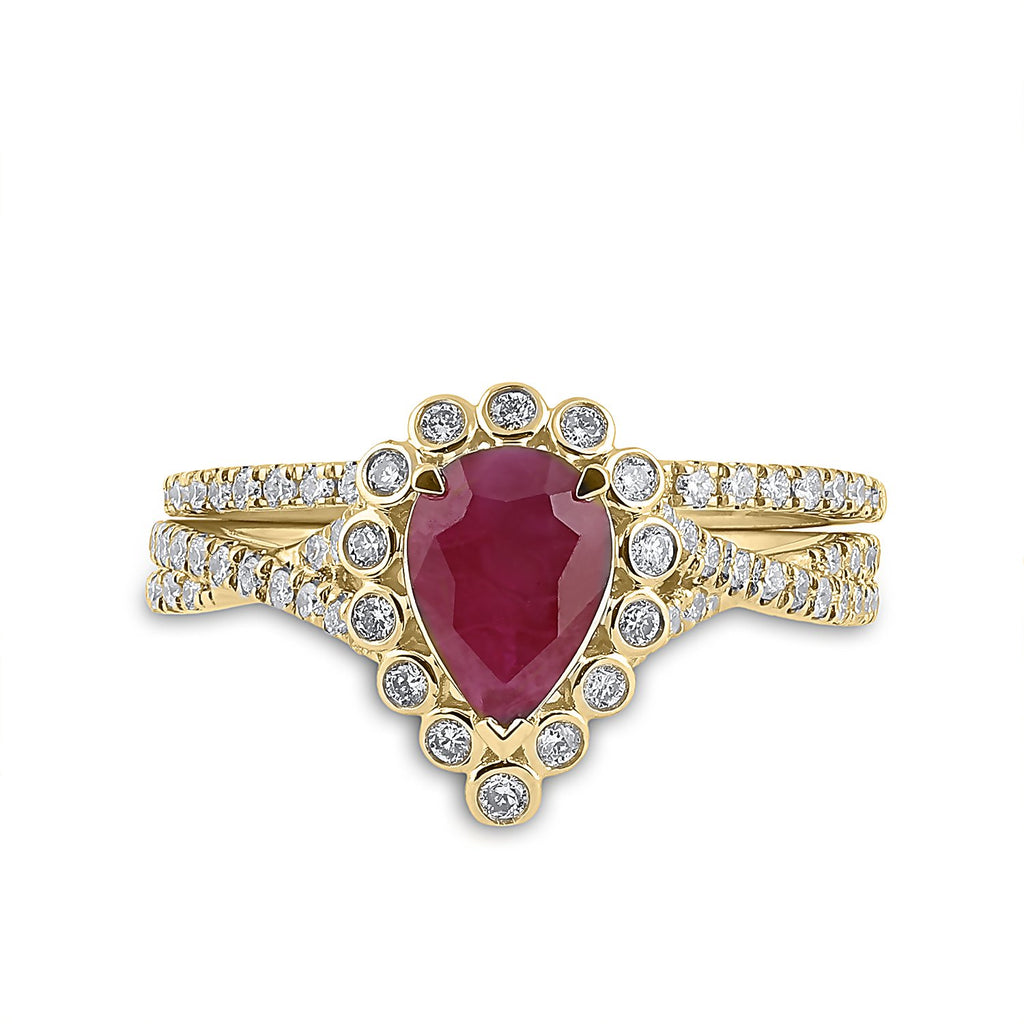 14kt Yellow Gold Pear Ruby Solitaire Bridal Wedding Ring Band Set 1-7/8 Cttw