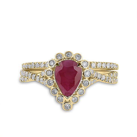 14kt Yellow Gold Pear Ruby Solitaire Bridal Wedding Ring Band Set 1-7/8 Cttw