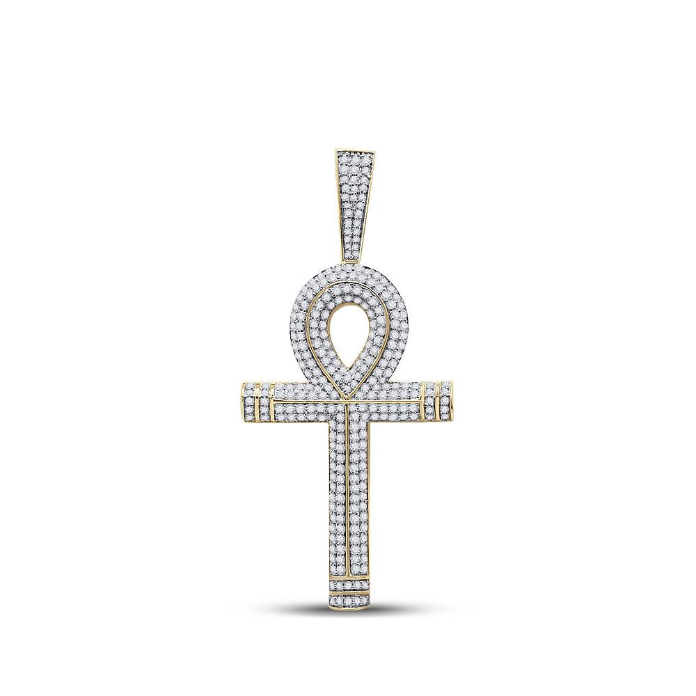 10kt Yellow Gold Mens Round Diamond Ankh Cross Charm Pendant 2-1/5 Cttw