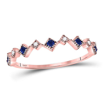 10kt Rose Gold Womens Round Blue Sapphire Diamond Square Stackable Band Ring 1/5 Cttw