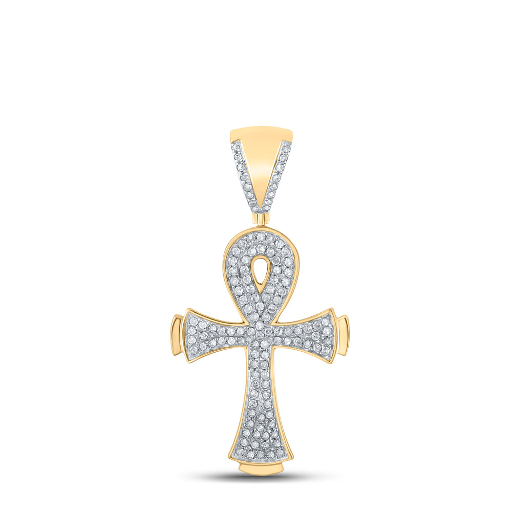 10kt Yellow Gold Mens Round Diamond Ankh Cross Charm Pendant 1/3 Cttw