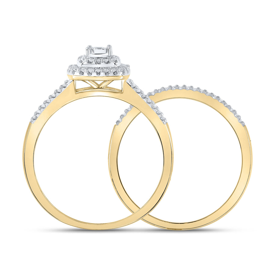 10kt Yellow Gold Round Diamond Halo Bridal Wedding Ring Band Set 1/4 Cttw