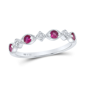 Sterling Silver Womens Round Synthetic Ruby Diamond Band Ring 1/3 Cttw