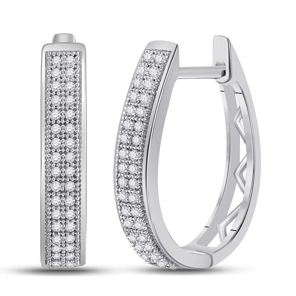 10kt White Gold Womens Round Diamond Double Row Hoop Earrings 1/5 Cttw