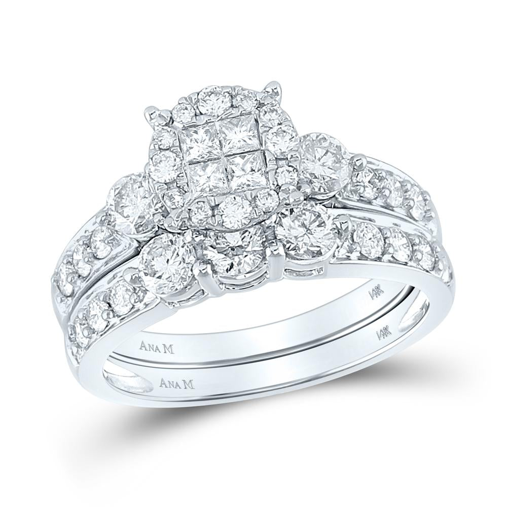 14kt White Gold Princess Diamond Bridal Wedding Ring Band Set 1-1/2 Cttw