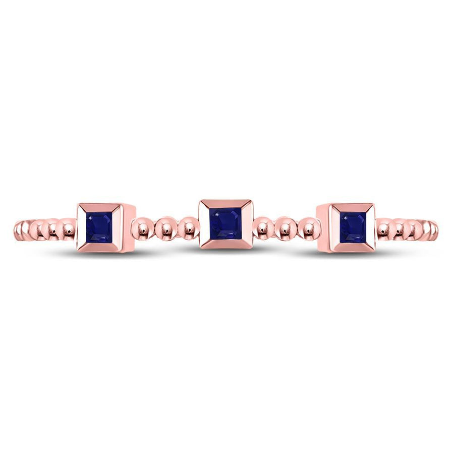 10kt Rose Gold Womens Princess Blue Sapphire 3-Stone Beaded Stackable Band Ring 1/20 Cttw